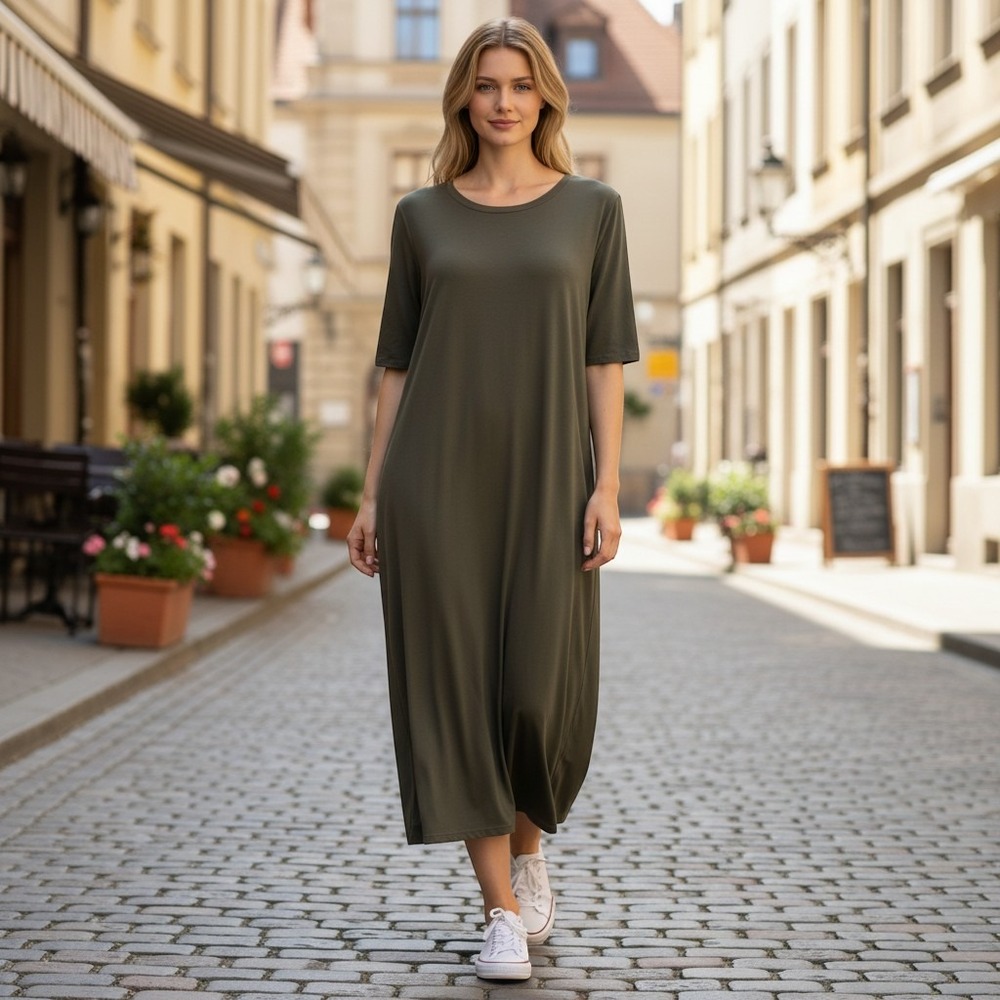 Eileen Fisher Olive Green Viscose Jersey Short Sleeve Midi T-Shirt Dress L